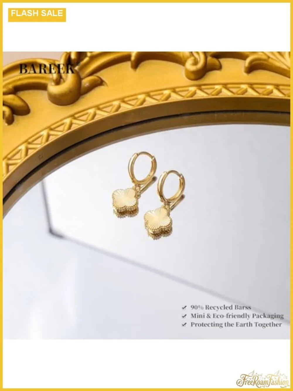 14K Gold Plated Four Leaf Clover Dangle Hoop Earrings